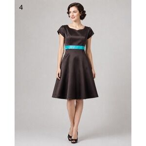 Landa Occasion Dress Womens 12 Brown Turquoise Blue Trim Polyester Zip Back